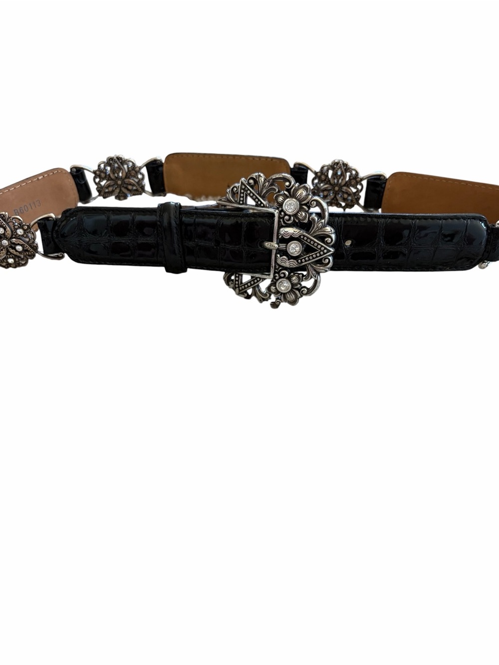 Vintage Brighton Black Croc Embossed Leather Belt Silver Crystal Buckle Size 32 - Picture 2 of 13